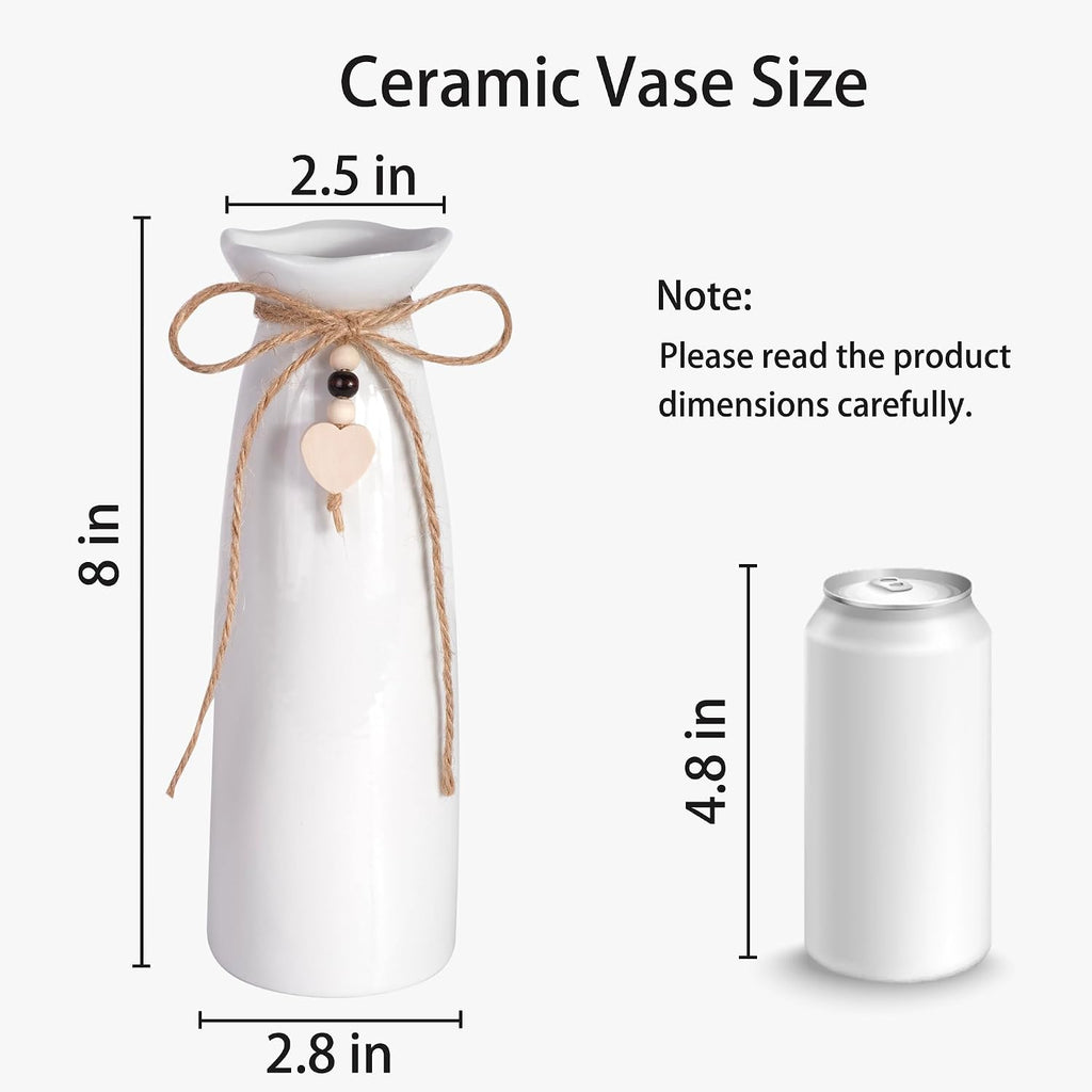 8 Inch Ceramic Vase with Jute Rope & Heart Charm, Elegant White Decorative Vase for Home Décor & Table Centerpieces