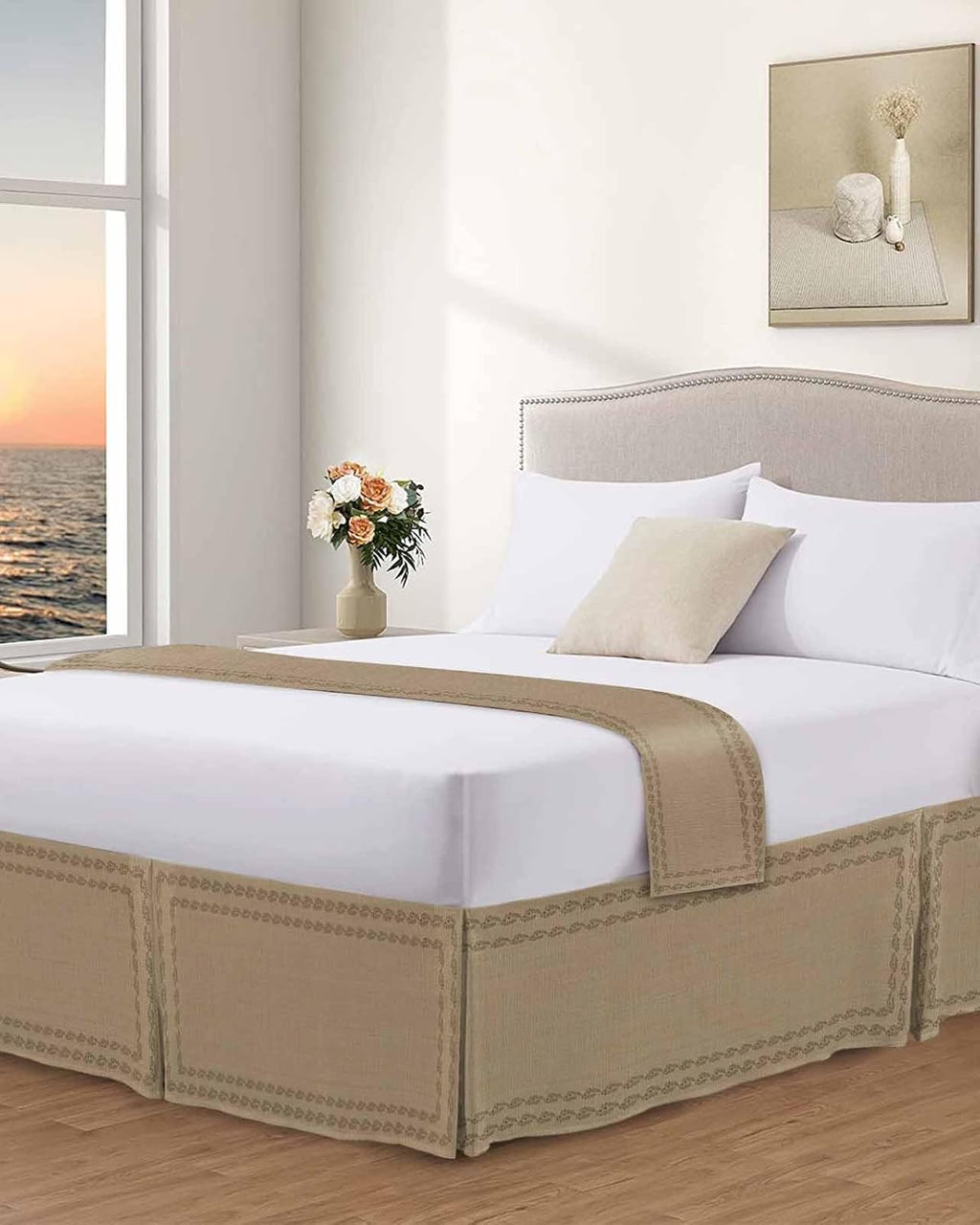 Bed Skirts Queen Size 16 Inch Tailored Drop Beige Textured Woven Pattern Wrap Around Bed Skirt with Split Corners Hotel Quality Bedskirt Solid Color Dust Ruffle for Queen Bed Skirt Bedroom Decor