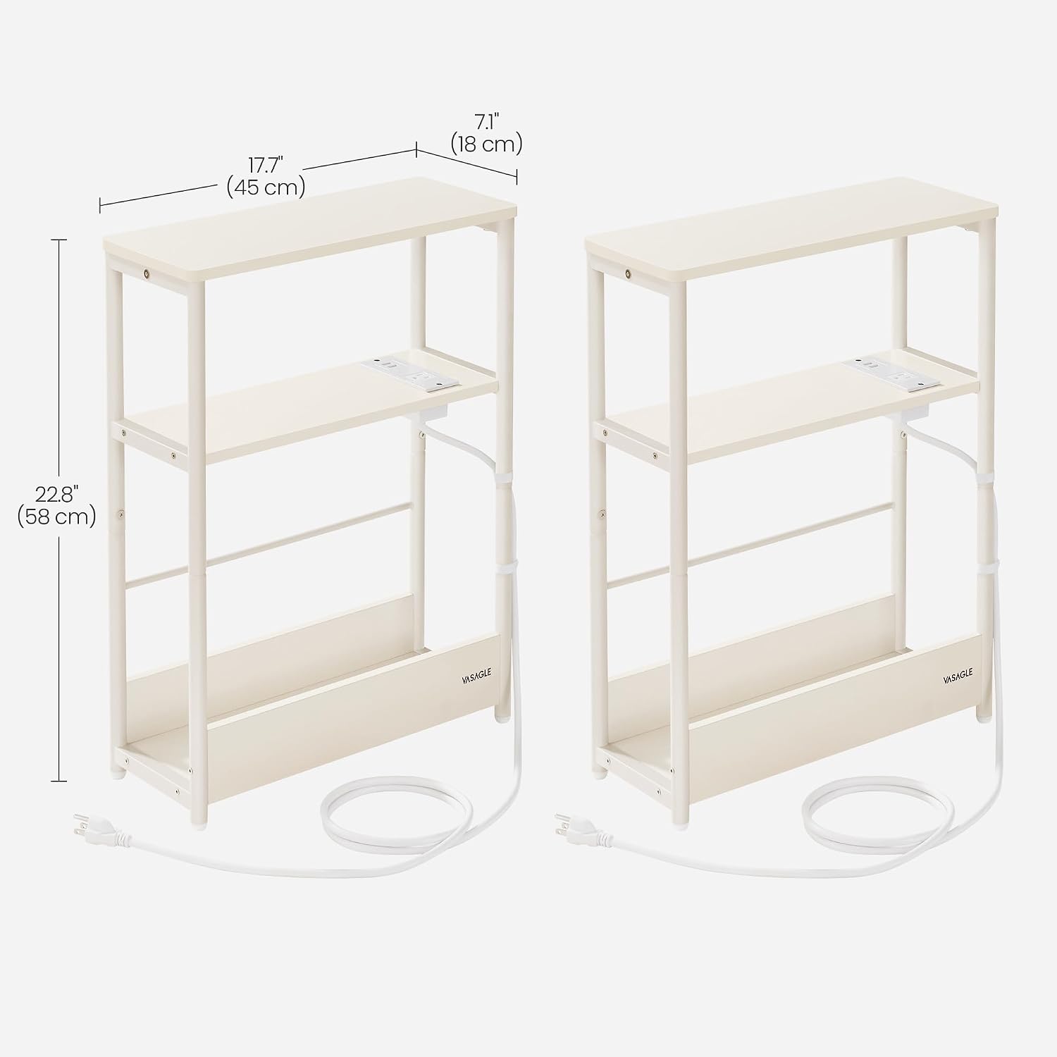 VASAGLE Side Tables with Charging Station, Set of 2 Narrow End Tables, 3-Tier Nightstands, Sofa Tables for Small Spaces, for Living Room, Bedroom, Study, Cream White ULCT664W01