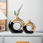 White and Gold Donut Vase, Modern Ceramic Vase for Pampas Grass, Perfect Centerpiece for Weddings, Living Room, and Office Decor (Black Gold, S)