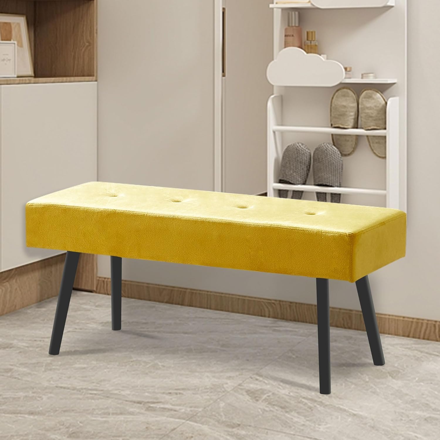 Modern Ottoman Bench, 40 Inch Upholstered Bench with Metal Legs, End of Bed Bench, Dining Bench for Living Room, Bedroom, Entryway, Yellow Velvet
