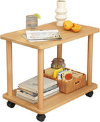 Movable 2-Tier Side Table with 360 Swivel, Industrial Wood Frame End Table for Living Room, Bedroom, Balcony, Office, Study, Entryway, Small Spaces, Narrow Nightstand 23.6"x11.8"x18.5" Wooden Color