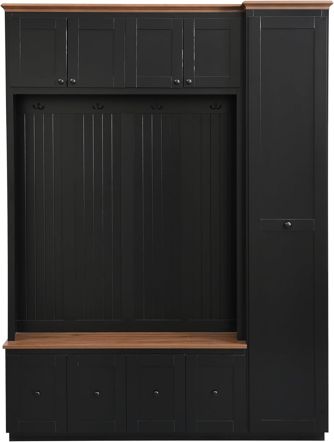59"W Black Hall Tree Entryway Storage Bench with Extra Large Side Storage, 78.7"H Wooden Coat Shoe Rack Organizer with Hooks, Cabinets and 4 Drawers for Hallway, Entryway, Living Room or Mudroom