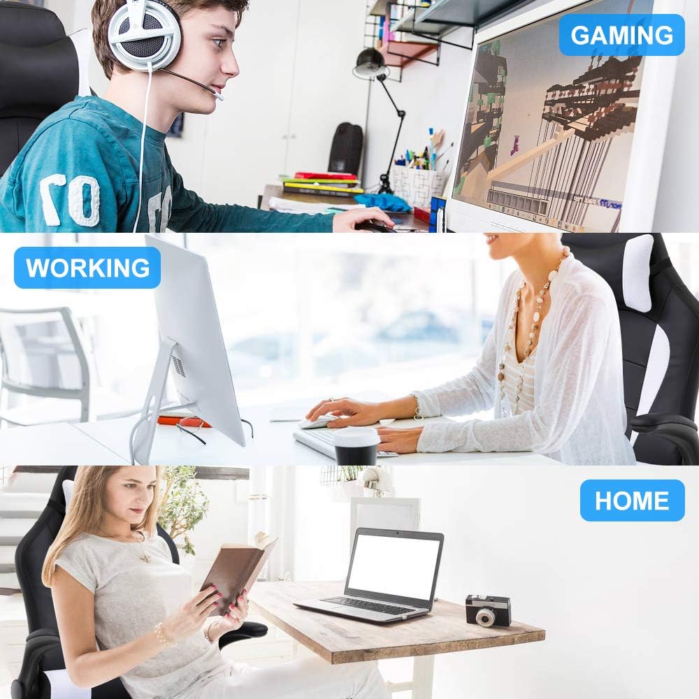Ergonomic Gaming Office Chair - High Back Executive Computer Chair with Lumbar Support & Flip-Up Arms, PU Leather Adjustable Swivel Chair for Women/Men, Height Adjustable Massage Desk Chair (White)
