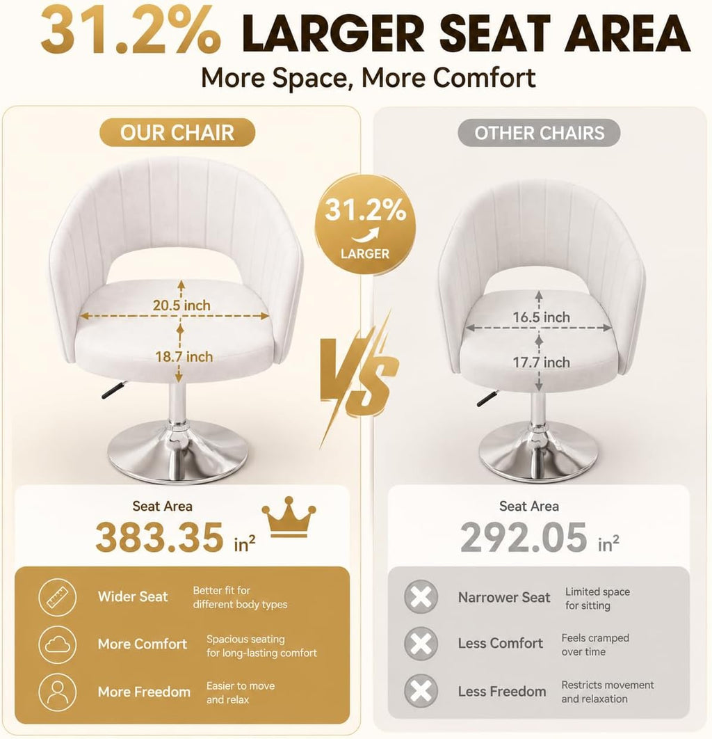 VECELO Large Wide Velvet Accent Chair, Adjustable Luxury Vanity & Dining Chair with Gold Barstool Base, 360°Swivel Upholstered Armchair for Living Room, Bedroom, Home Office, Pearl White