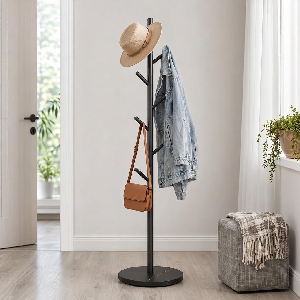 Coat Rack Freestanding with 7 Hooks Modern Hall Tree 3 Adjustable Height | Heavy Duty Metal Clothes Hook Stand with Base for Entryway Bedroom Office for Coats Hats Bags and Purses, Black