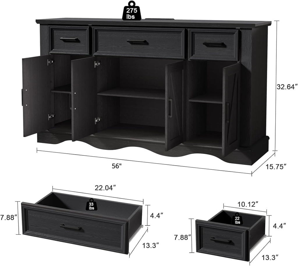 56" Buffet Cabinet Sideboard with Storage: Built-in Charging Station, Farmhouse Wood Coffee Wine Bar, Furniture with Drawers and Doors for Kitchen, Dining Room, Living Room, Black