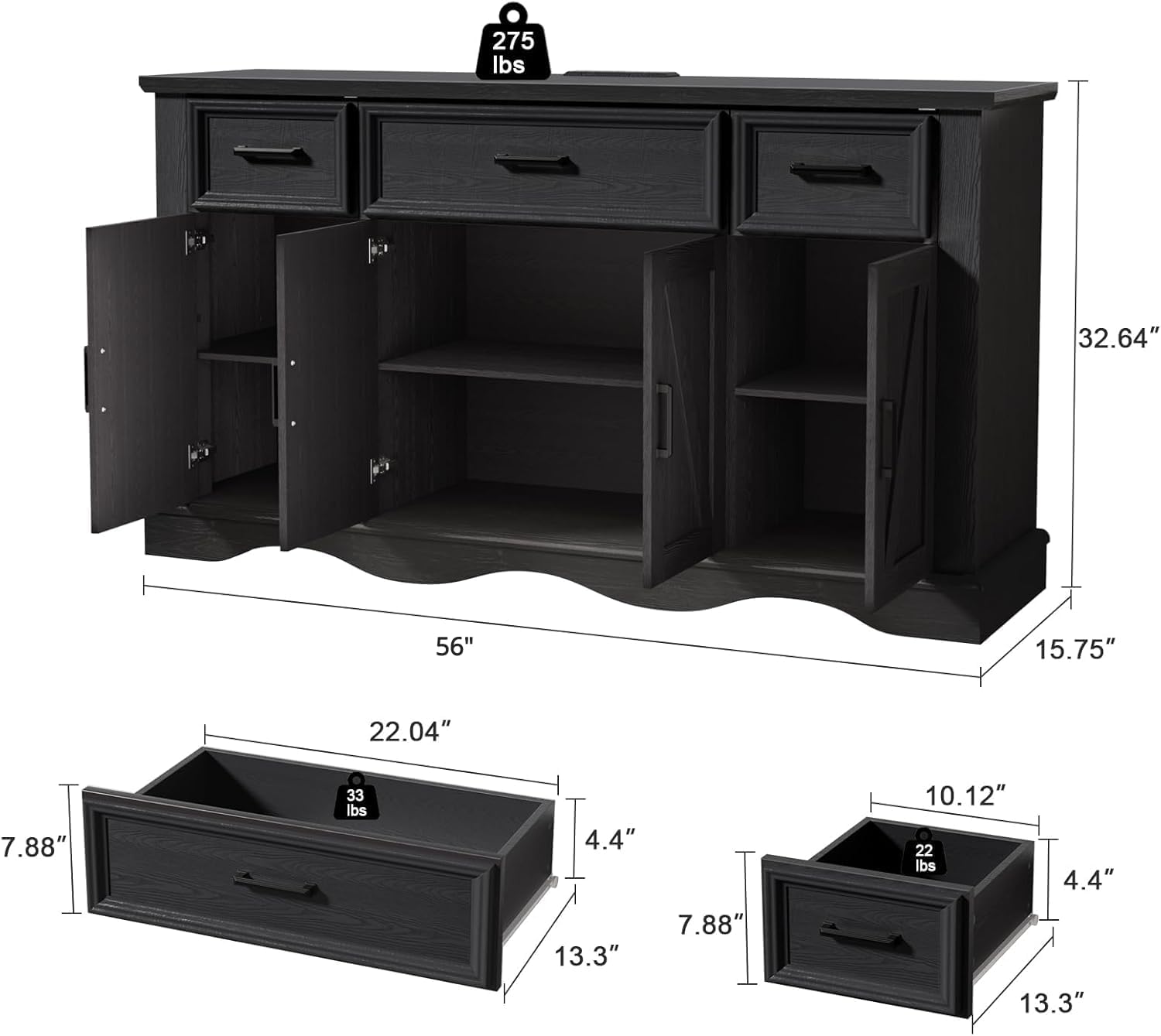 56" Buffet Cabinet Sideboard with Storage: Built-in Charging Station, Farmhouse Wood Coffee Wine Bar, Furniture with Drawers and Doors for Kitchen, Dining Room, Living Room, Black