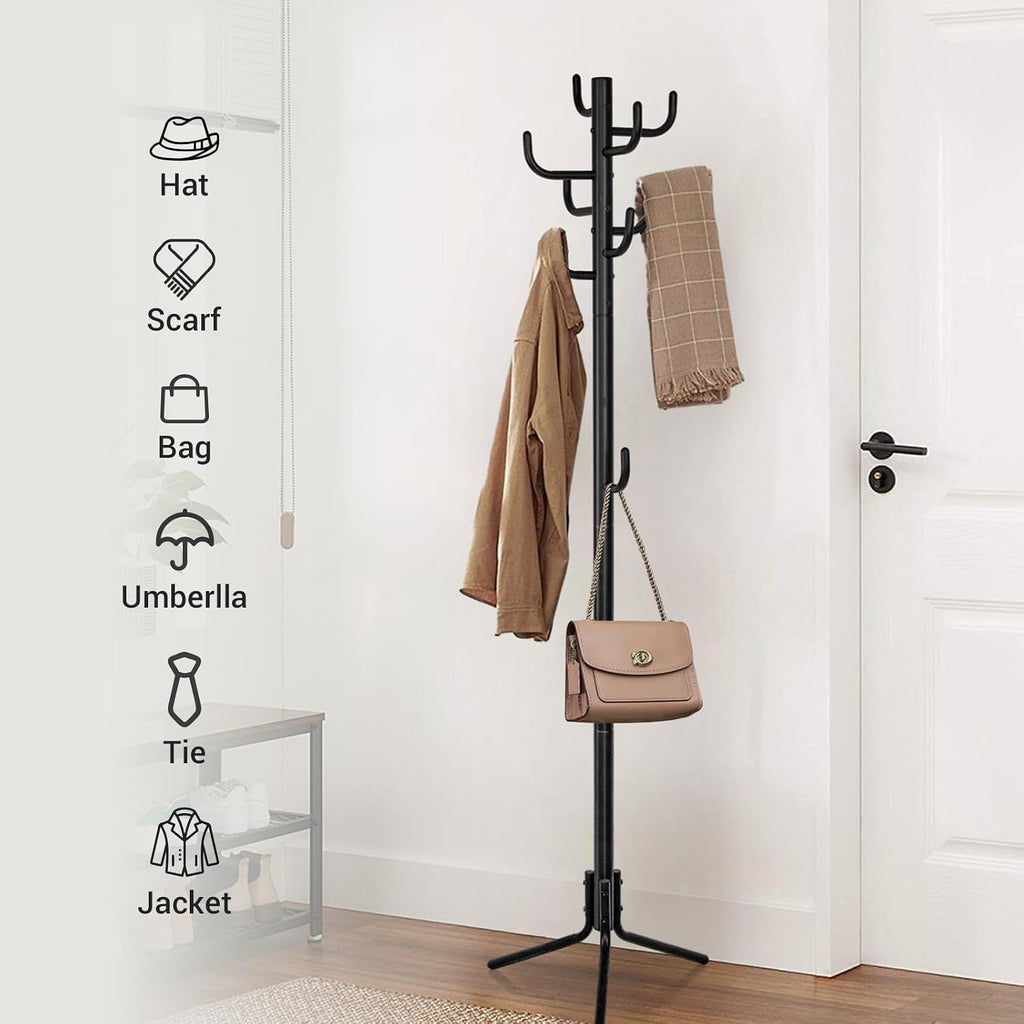 Standing Coat Rack, Metal Coat Rack Freestanding with 9 Hooks, Coat Tree, Modern Coat Hanger Stand for Entryway,Bedroom, Hallway, Office, Perfect for Hats, Bags, Clothes, Black