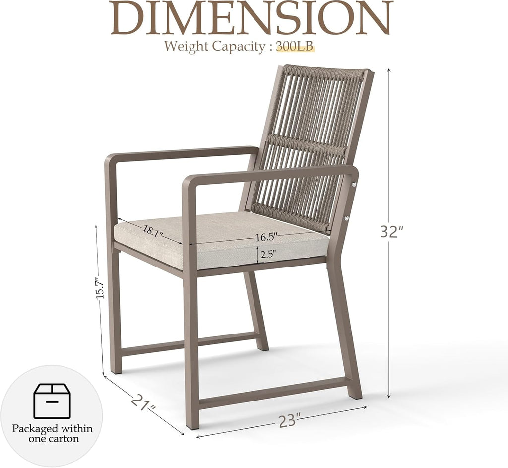 Outdoor Patio Dining Chair, All-Weather Woven Rope Outdoor Chairs Set of 2, Sturdy Iron Frame, 400 lbs, Ergonomic Backrest, Removable Breathable Cushion, for Patio & Garden, Light Brown