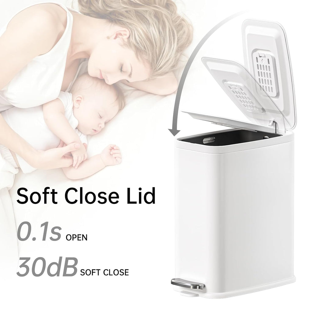 Small Bathroom Trash Can with Lid Soft Close, Step Pedal, 1.6 Gallon White Stainless Steel Slim Garbage Can with Removable Inner Bucket, Includes 60 Trash Bags for Home Bedroom