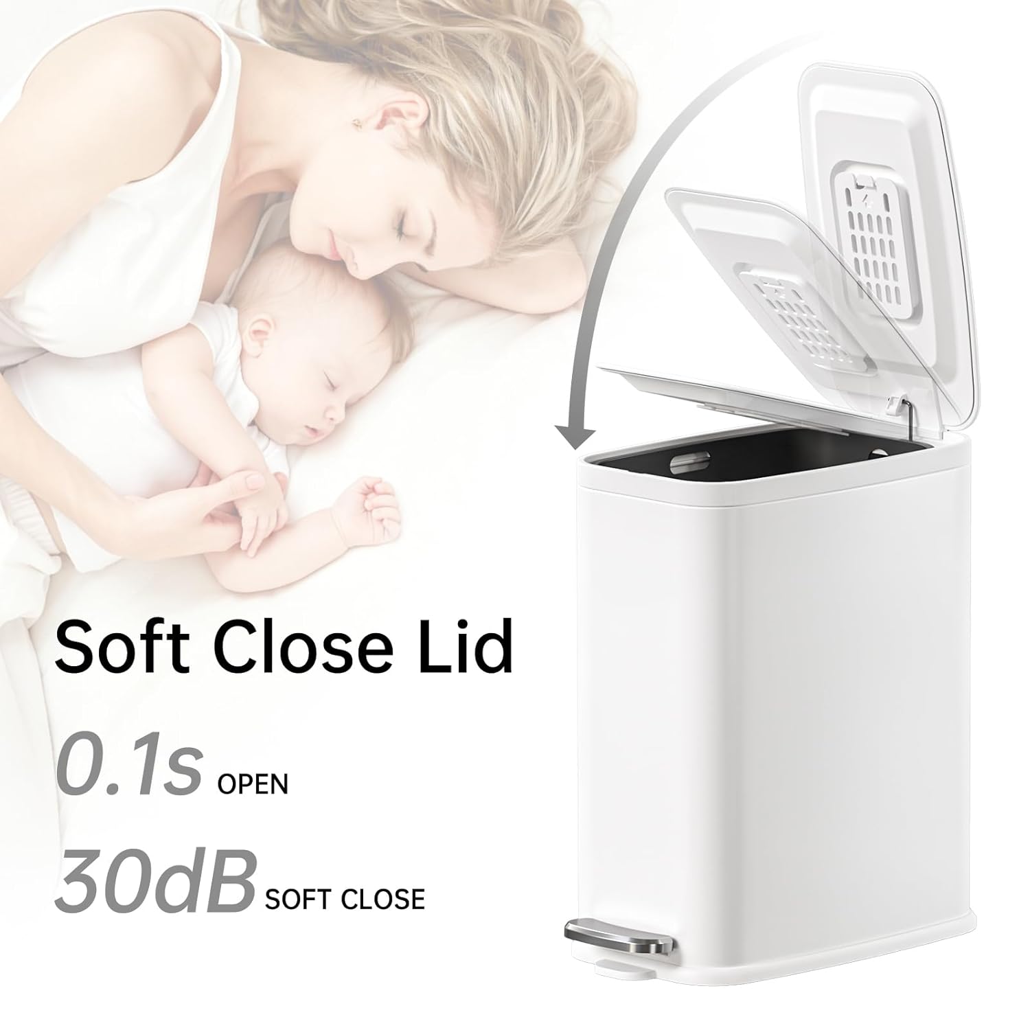 Small Bathroom Trash Can with Lid Soft Close, Step Pedal, 1.6 Gallon White Stainless Steel Slim Garbage Can with Removable Inner Bucket, Includes 60 Trash Bags for Home Bedroom