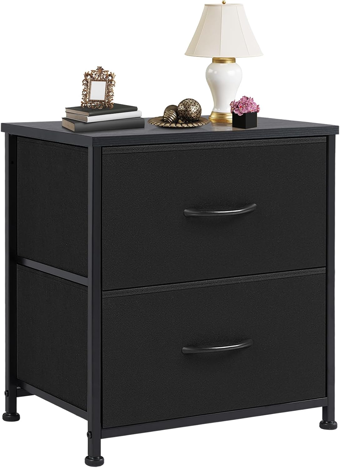 DUMOS Night Stand Small Dresser for Bedroom with 2 Drawers, Bedside Table | Fabric Bedside Storage Furniture, 20 Inch Tall End Side Table for Closet, Bedroom, Classic Black