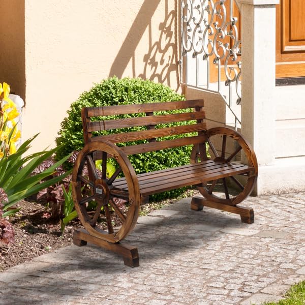 Rustic 2 Person Wooden Wagon Wheel Outdoor Bench, Solid Fir Wood Patio Garden Bench with Slatted Seat & Backrest, Brown Vintage Yard Leisure Chair
