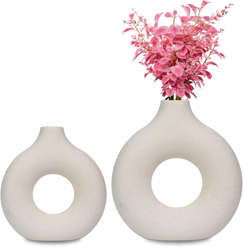 Set of 2 White Ceramic Vases - Modern Nordic Minimalist Decor for Home, Dining Table, and Shelves (Large & Medium)