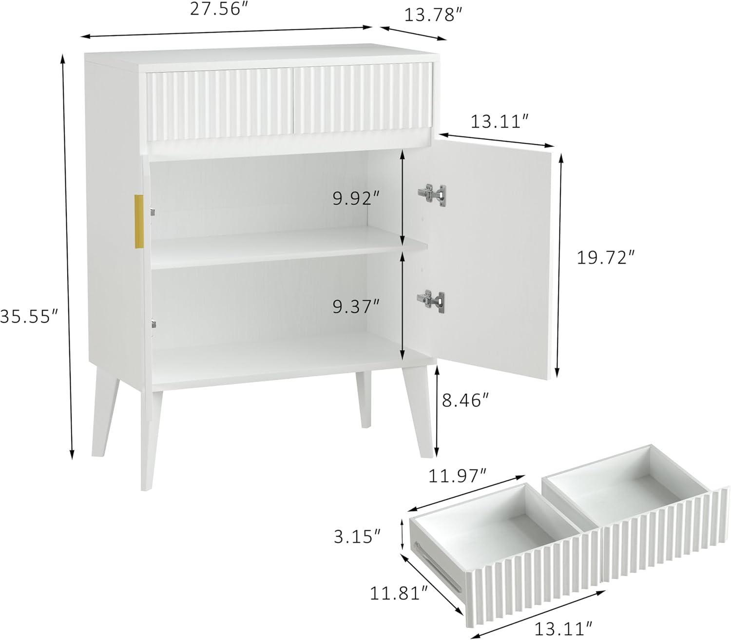 Sideboard Storage Cabinet with 2 Drawers & 2 Doors, Fluted Kitchen Buffet Cabinet with Adjustable Shelves, Coffee Bar Station for Living Room, Entryway, 13.8 x 27.6 x 35.6 Inches, White