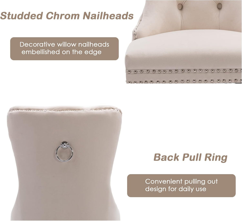 KCC Velvet Dining Chairs Set of 4, Upholstered High-end Tufted Dining Room Chair with Nailhead Back Ring Pull Trim Solid Wood Legs, Nikki Collection Modern Style for Kitchen, Beige