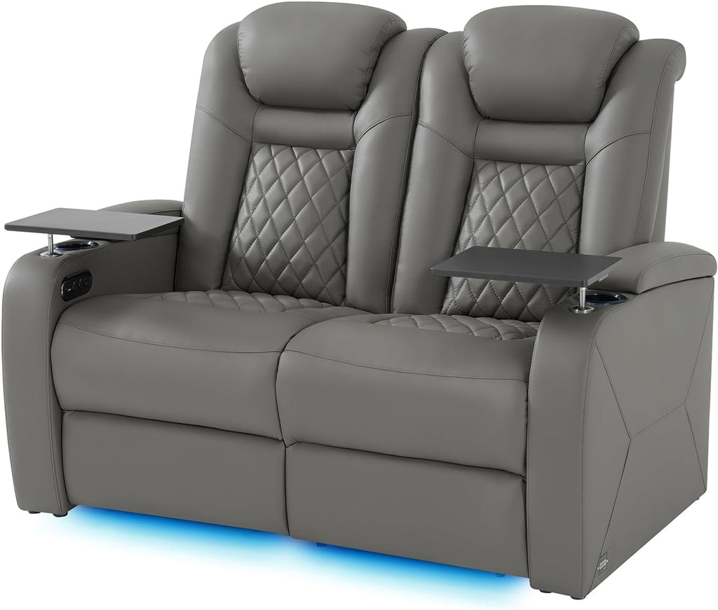 Home Theater Seating, Classic Series Leather Movie Theater Chairs, Power Headrest and Memory with C-Type USB Charger, 7-Color Ambient Lighting and Tray Table, Gray Power Adjustable Recliner(Row of 2L)