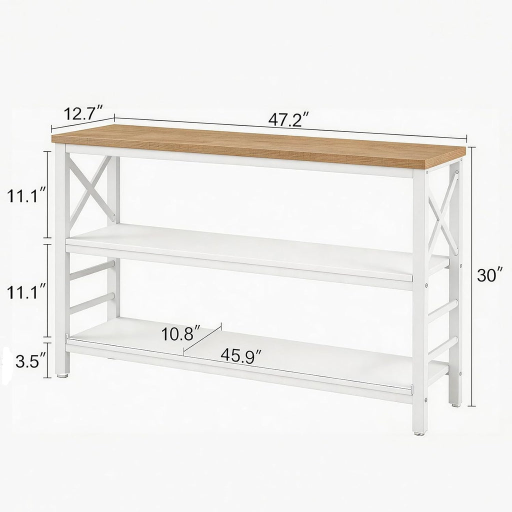 HOMBAZAAR Sofa Table,Industrial Console Table with Storage,Entryway Table with Engineered Wood and Metal,Rustic 3 Tier Shelf for Living Room,Hallway,White and Brown,47 Inch