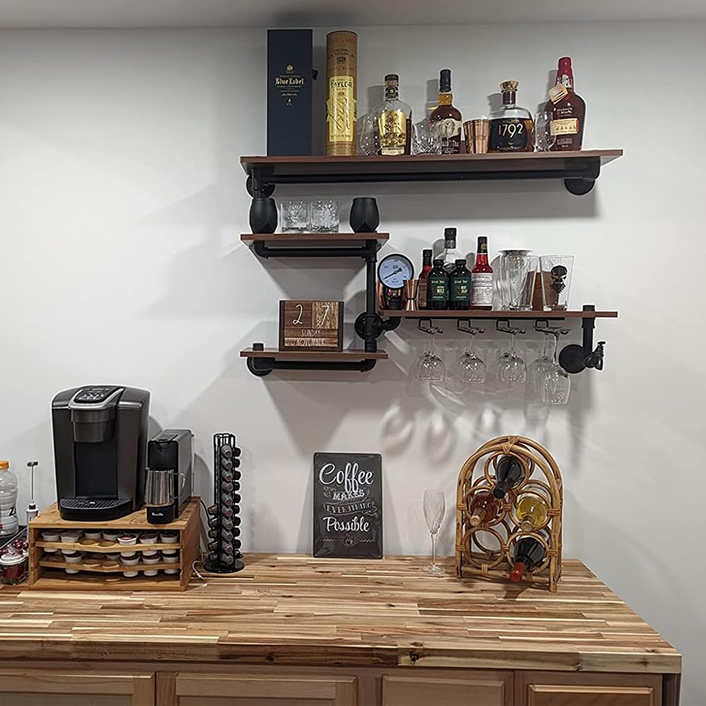 Bar Liquor Shelves, Industrial Pipe Shelving Wine Rack Wall Mounted, Wine Bottle Display Storage Holder for Kitchen Dining Room Bar (Black)