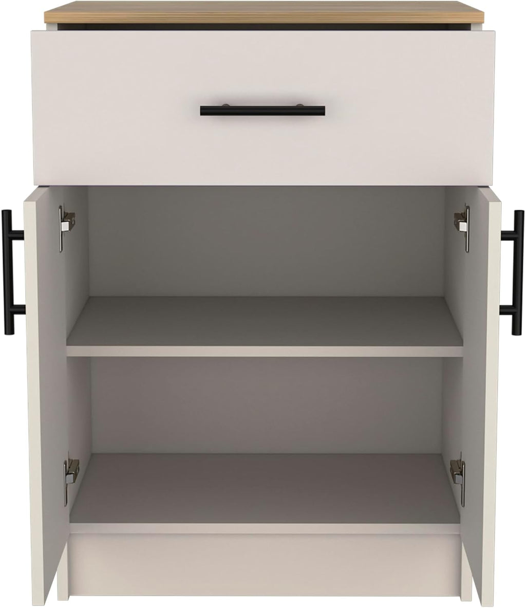 Pantry Organizer Cabinet, 33" H with Drawer, Shelves & Doors, Ivory/Natural Oak, Kitchen Storage Solution