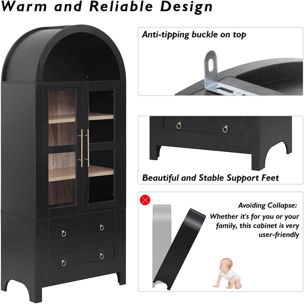 71" Tall Arched Kitchen Pantry Cabinet with 2 Large Drawers and Adjustable Shelves, Modern Farmhouse Storage Cabinet with Glass Doors, Wood Versatile Cupboard for Kitchen (Black)