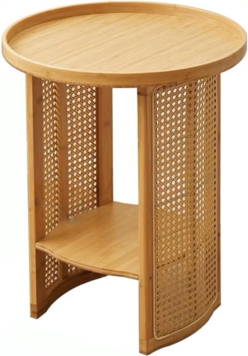 Rattan Coffee Table Round End Table with 2 Layer Storage Bamboo Living Room Side Table for Sofa Bedroom Balcony Small Space