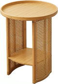 Rattan Coffee Table Round End Table with 2 Layer Storage Bamboo Living Room Side Table for Sofa Bedroom Balcony Small Space