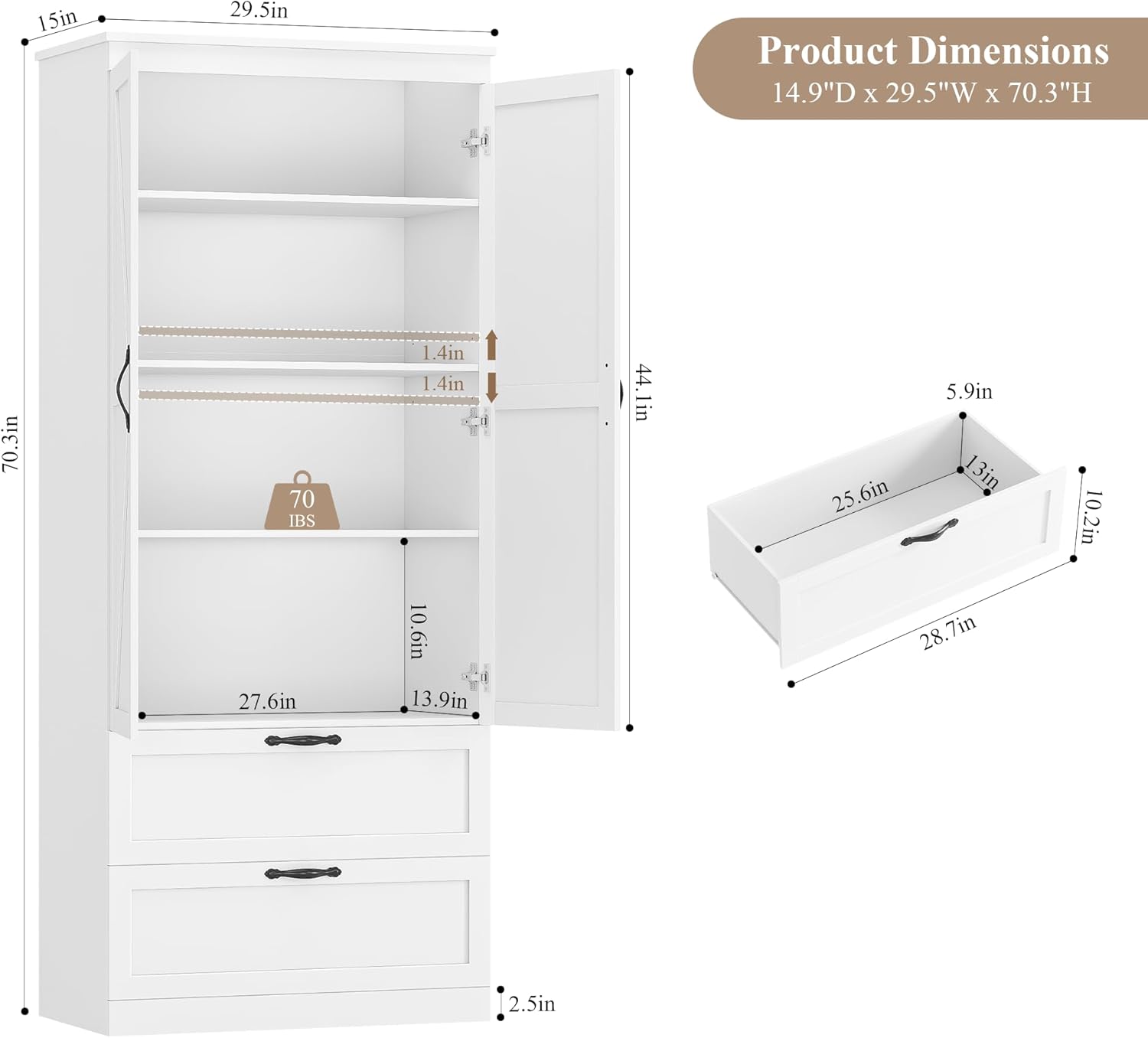 HOSTACK 70" Tall Kitchen Pantry Storage, Barn Doors Pantry Cabinet with Drawers and Adjustable Shelf, Modern Farmhouse Storage Cabinet for Kitchen, Dining Room, Living Room, Bathroom, White