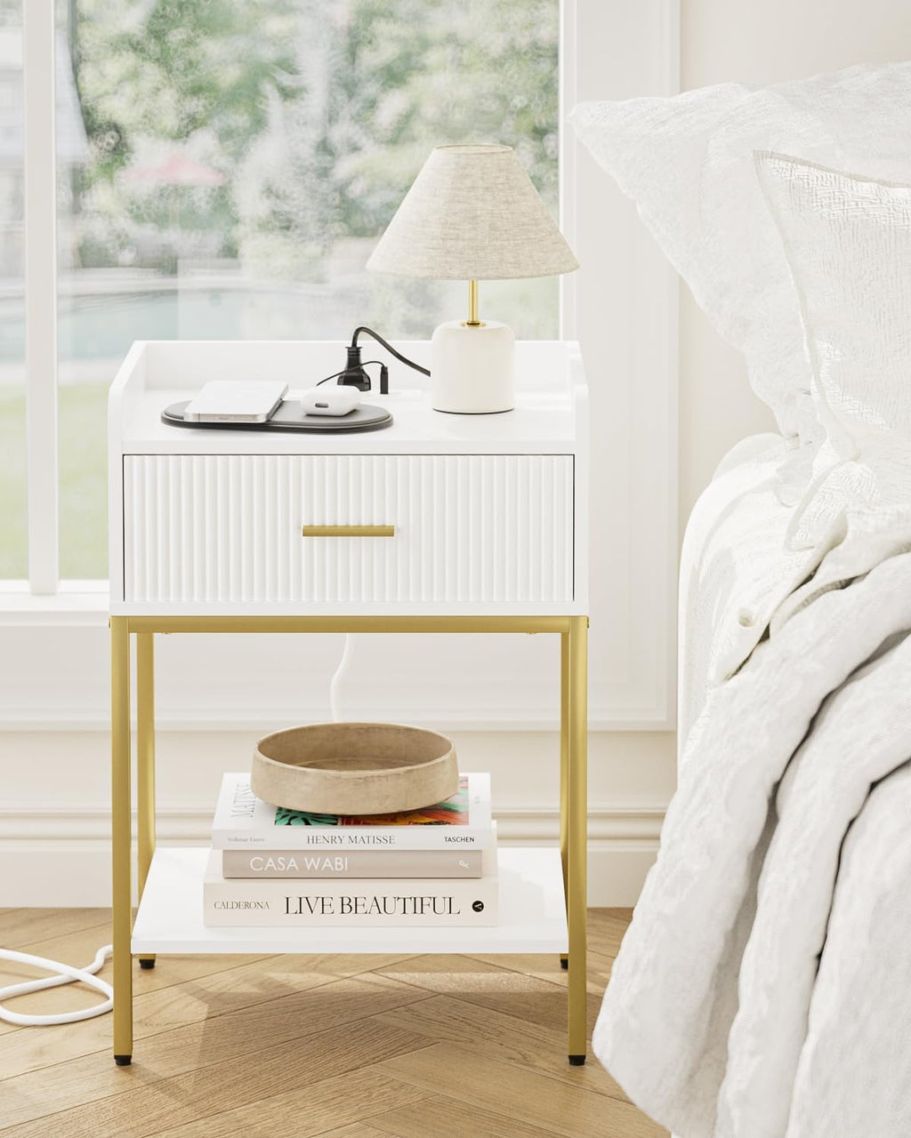 Nightstand with Charging Station, 3-Tier Bed Side Table, Small End Table, Night Stand with Open Shelf and Drawer, Bedside Table for Bedroom, Living Room, White