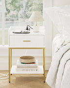 Nightstand with Charging Station, 3-Tier Bed Side Table, Small End Table, Night Stand with Open Shelf and Drawer, Bedside Table for Bedroom, Living Room, White