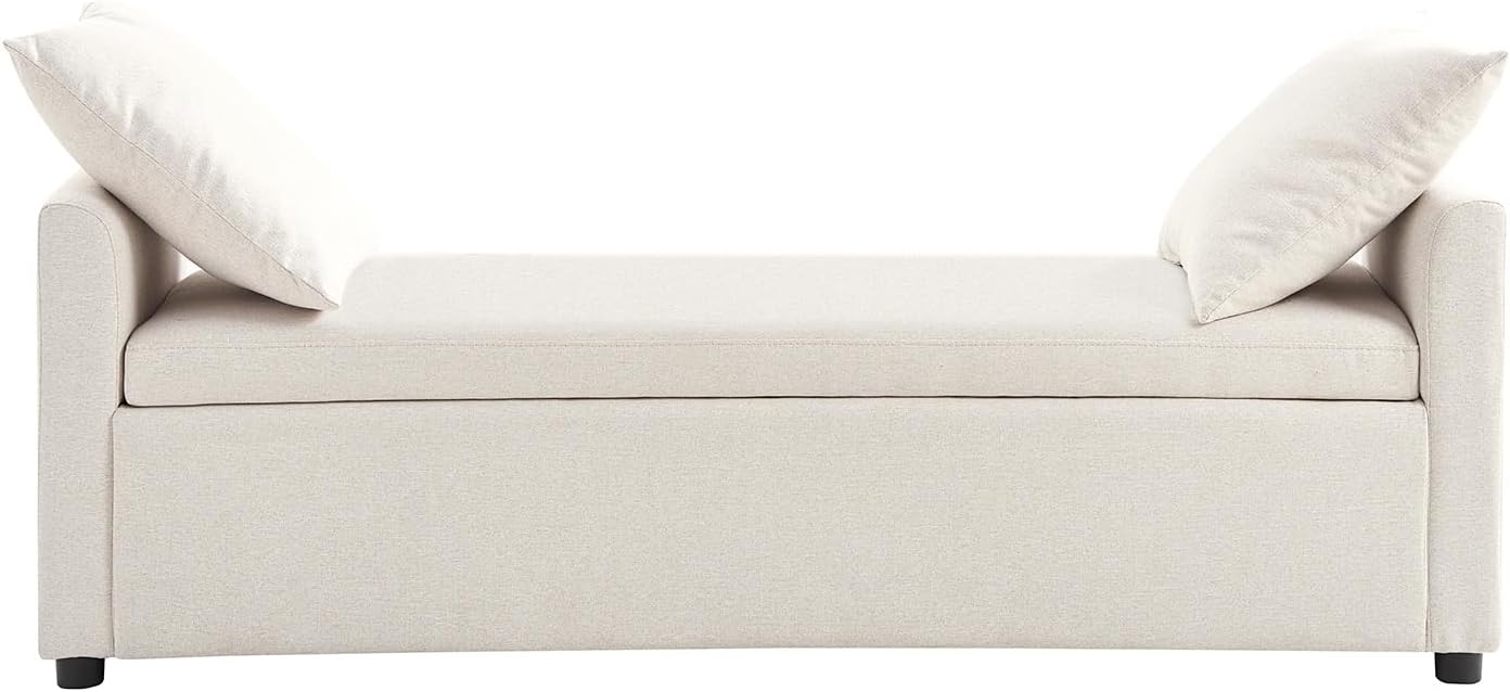 HULALA HOME 59" Storage Bench with 2 Throw Pillows, Modern Long Bedroom Bench for End of Bed, Comfy Upholstered Footstool for Entryway Living Room, Linen