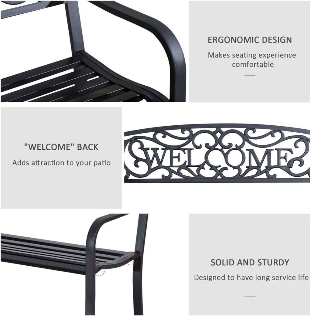 Hassyee Modern Garden Bench Loveseat with Cast Iron Decorative Welcome Vines, Outdoor Seating Benches for Lawn, Park and Backyard