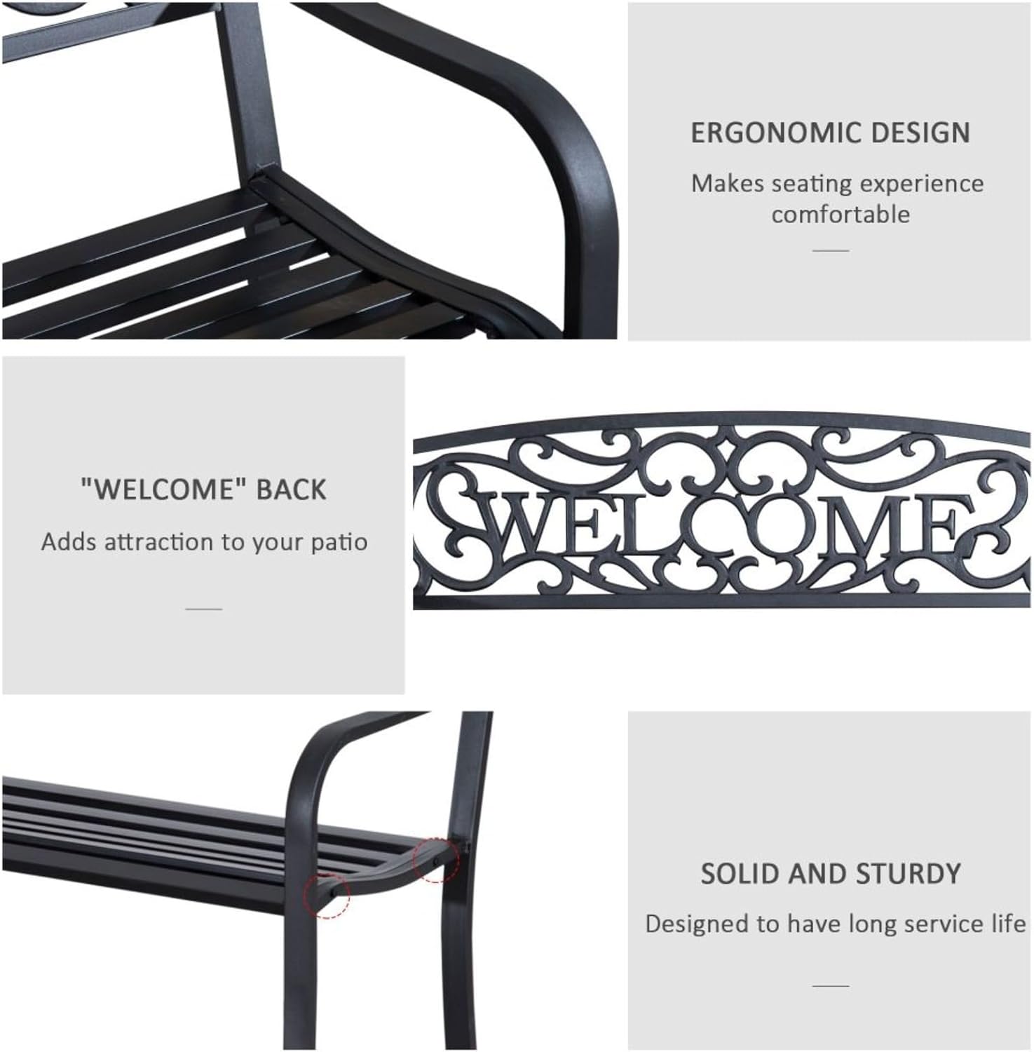 Hassyee Modern Garden Bench Loveseat with Cast Iron Decorative Welcome Vines, Outdoor Seating Benches for Lawn, Park and Backyard