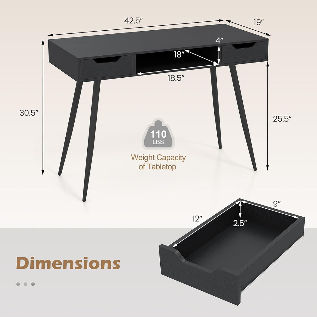 Tangkula Mid Century Modern Computer Desk, Writing Desk with 2 Drawers & Open Center Storage, Small Wooden Study Table for Home Office & Compact Spaces (Black)