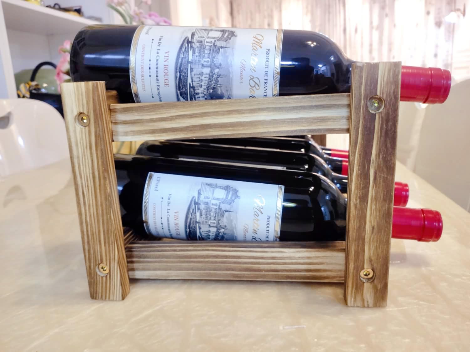 8-Bottle Wood Wine Rack - 2-Tier Countertop Wine Bottle Holder for Kitchen, Bar, Pantry, Dining Room | Small Freestanding Stackable Liquor Storage Organizer, Carbonized Pine