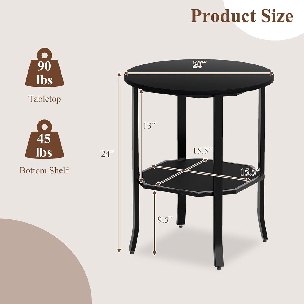 GOFLAME 2-Tier Round End Table, 20” Couch Sofa Side Table with Octagonal Storage Shelf & Metal Frame, Industrial, Modern Bedside Tables, Compact Nightstand for Living Room, Bedroom (Black,1)