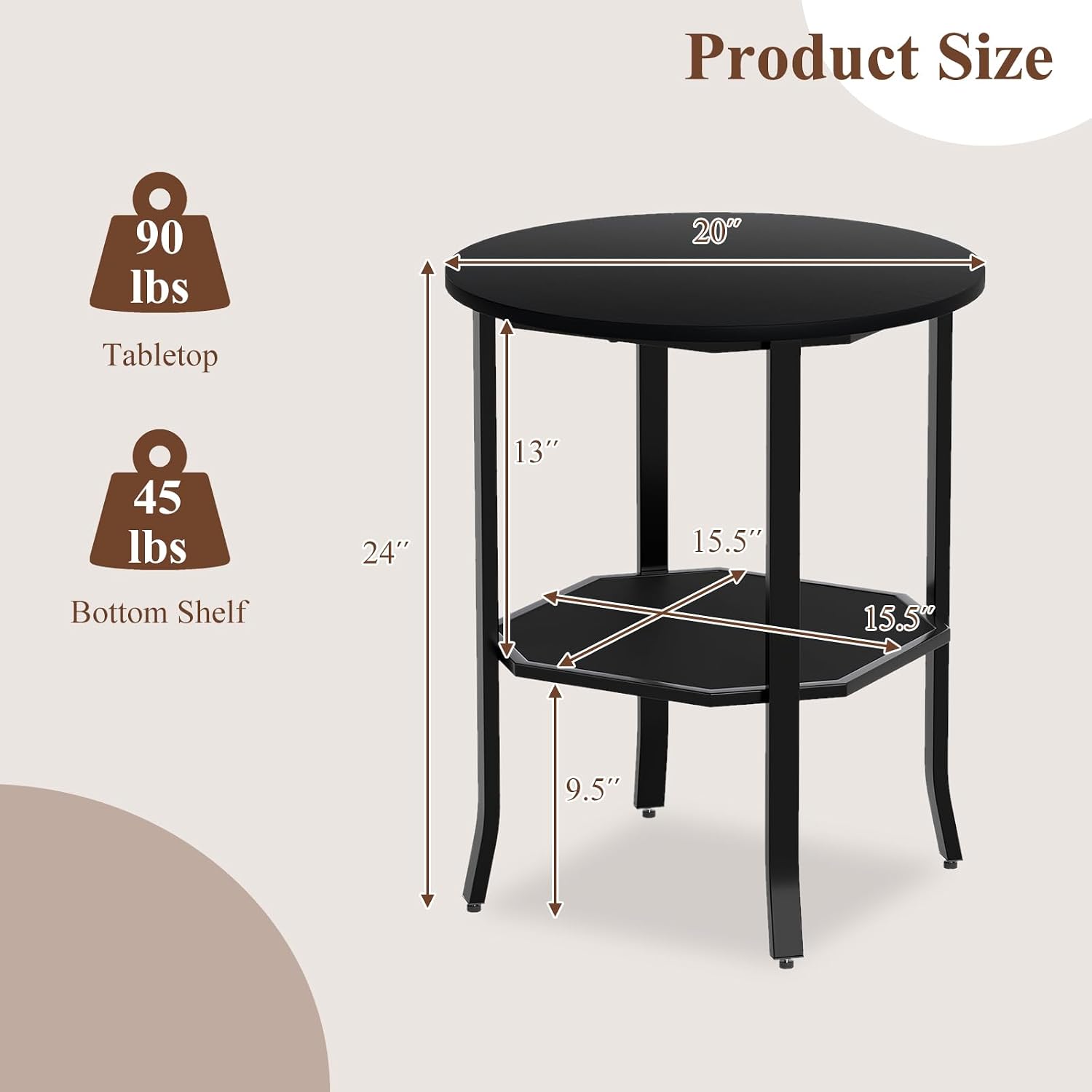 GOFLAME 2-Tier Round End Table, 20” Couch Sofa Side Table with Octagonal Storage Shelf & Metal Frame, Industrial, Modern Bedside Tables, Compact Nightstand for Living Room, Bedroom (Black,1)