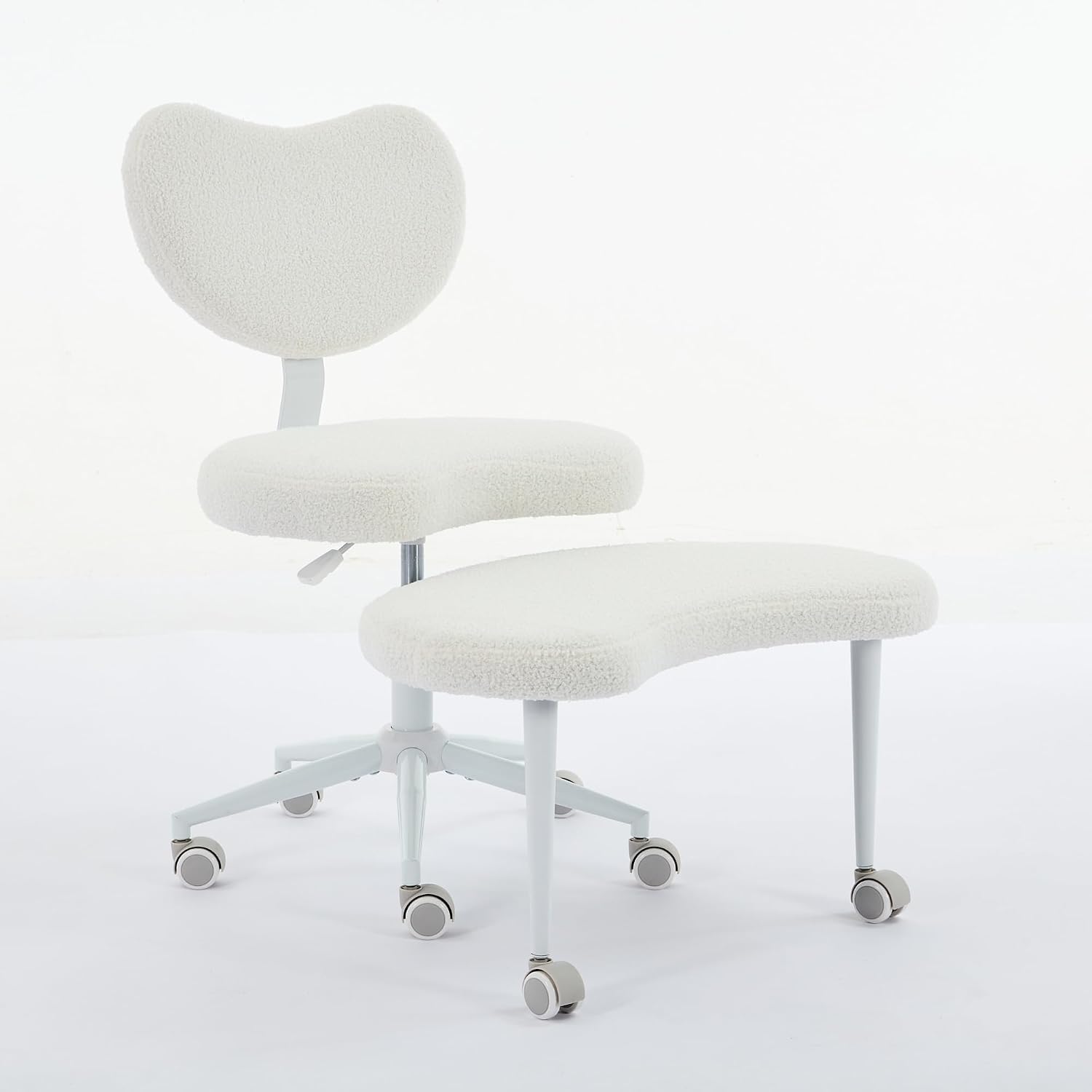 Cross Legged Office Chair with Wheels–360°Swivel Meditation Chair, Adjustable Height Yoga Office Chair for Adults, Ergonomic Kneeling Chair with Back Support for ADHD,Teddy Fabric Ivory