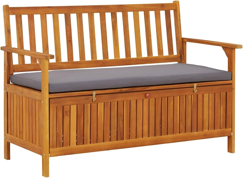 Gecheer Garden Storage Bench 120 cm – Solid Acacia Wood Outdoor Patio Bench with Large Under-Seat Storage Compartment and Dark Grey Cushion