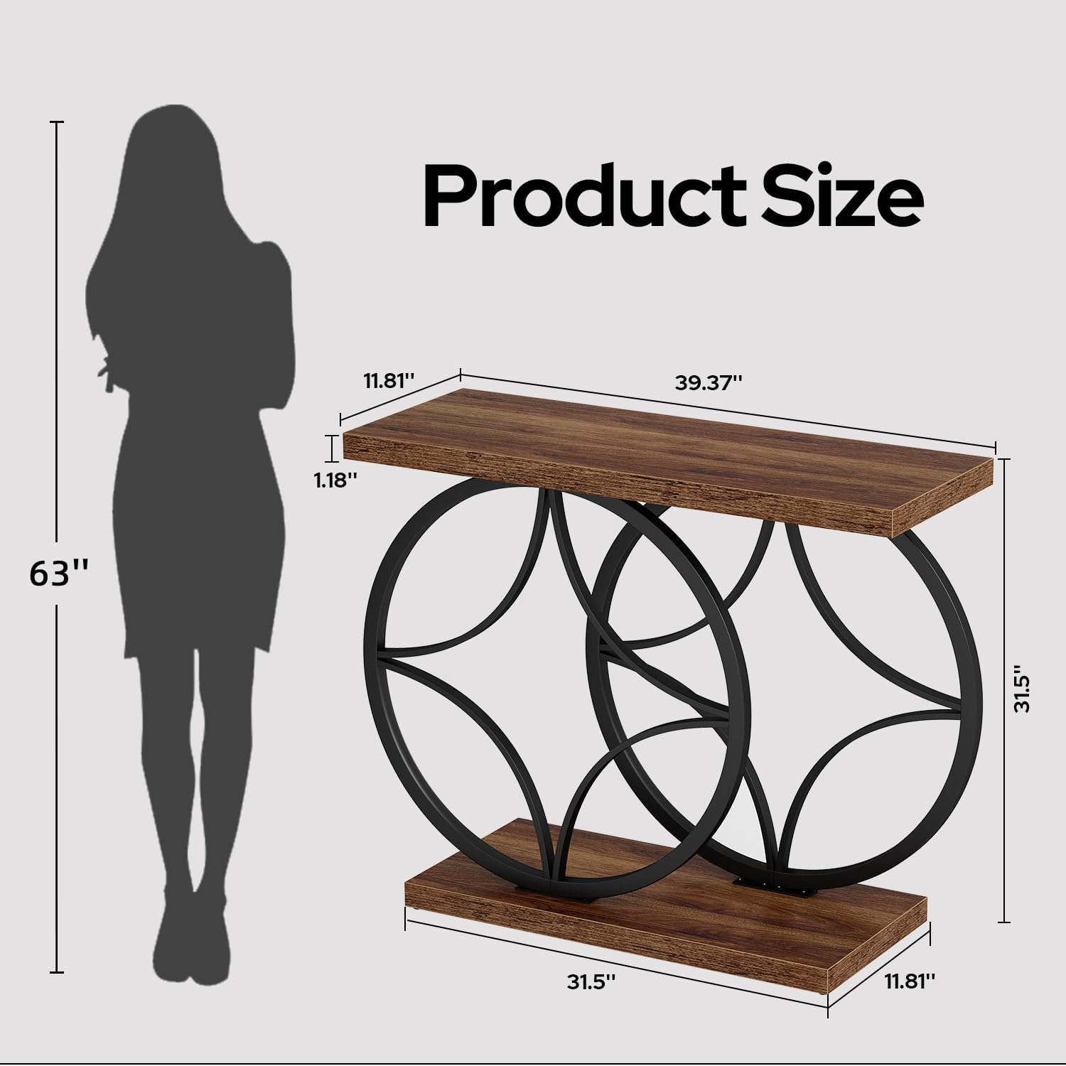 knoworld 39.4" Console Table, Industrial Entryway Table with Anti-Tilt Design, Narrow Wood Accent Sofa Table Behind Couch with Double Circle Base for Entryway, Living Room, Hallway, Foyer