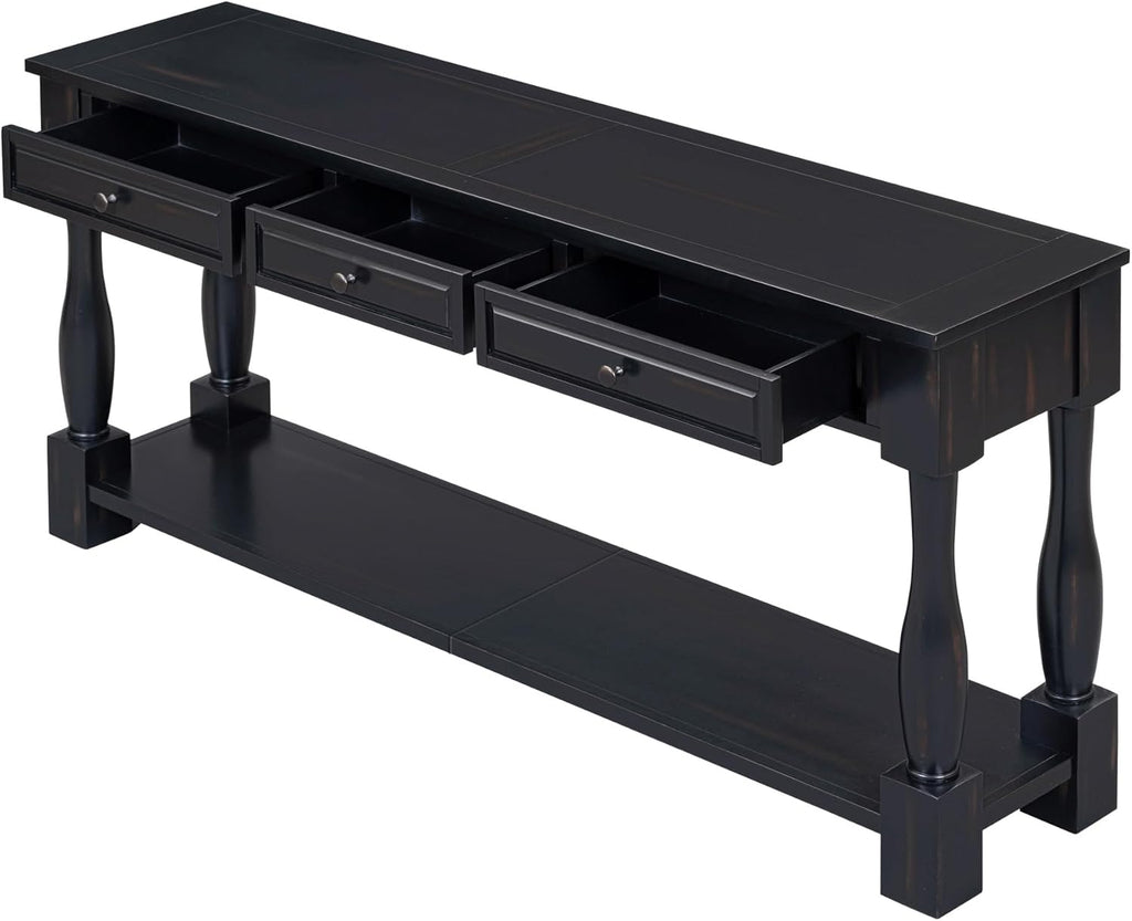 Knocbel Long Console Table with 3 Drawers & Bottom Open Shelf, Solid Wood Mediterranean Entry Sofa Table for Entryway Hallway Living Room, 63" W x 14.8" D x 30" H, Espresso