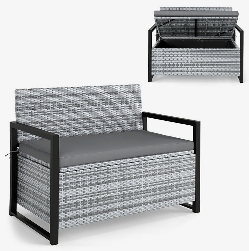 Gray Rustic Rattan Outdoor Storage Bench 40 Gal 800lb Load UV-Resistant 43.5in Seat Cushion Liner for Garden