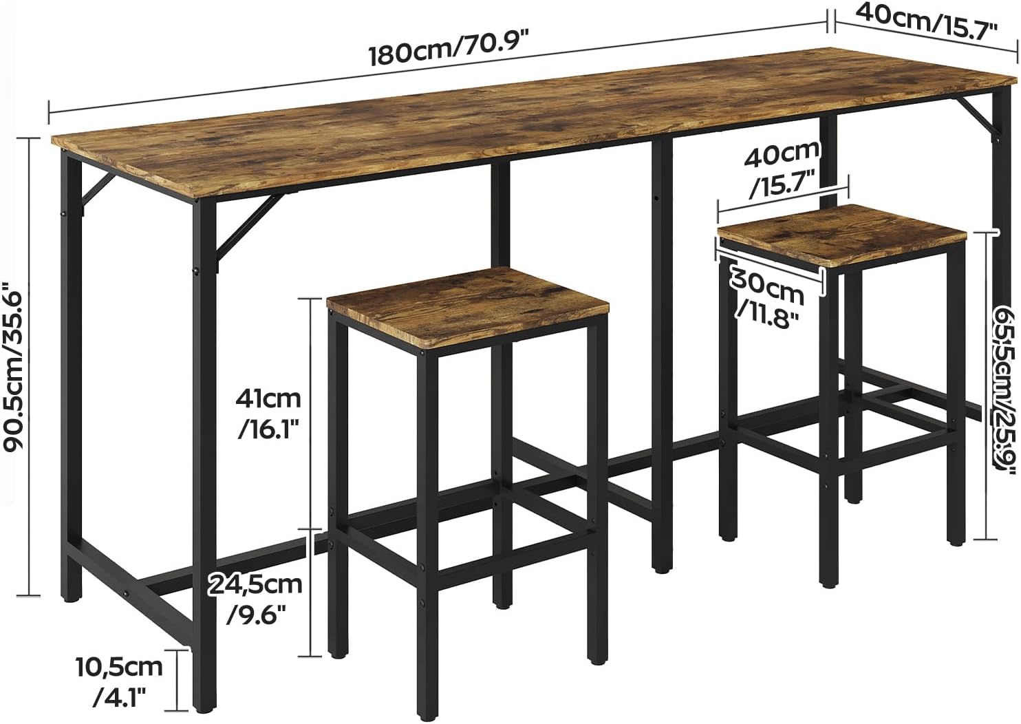 YATINEY 70.9" Bar Table and Chairs Set, Dining Table and Chair Sets, 3 Piece Counter Height Table and 2 Stools, Kithcen Table for Home Restaurant, Bar, Rustic Brown BT09BR