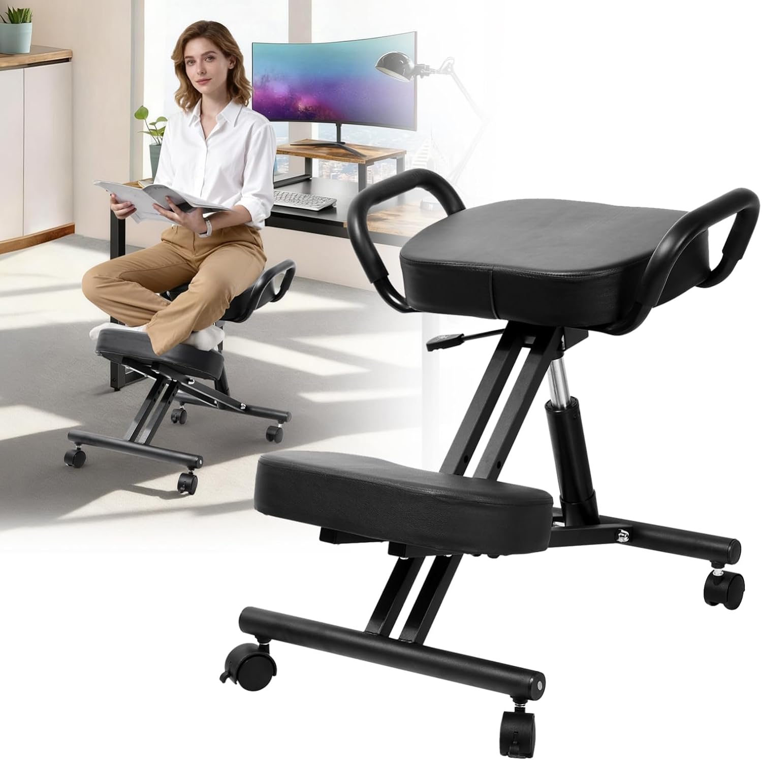 Kneeling Chair Ergonomic with Armrests Locking Casters 22.4"-26.3" Height-Adjustable Postures Seat 220 Lbs for Home Office Meditation Black