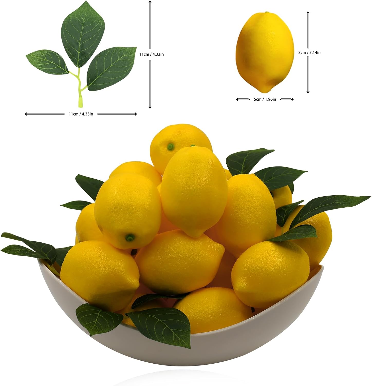 20Pcs Fake Lemons Artificial Fruits with 25 Leaves Faux Yellow Lifelike Plastic Lemon Decorations Realistic Limes Fruit Decor for Home Kitchen Table Cabinet Holiday Party Photography Props