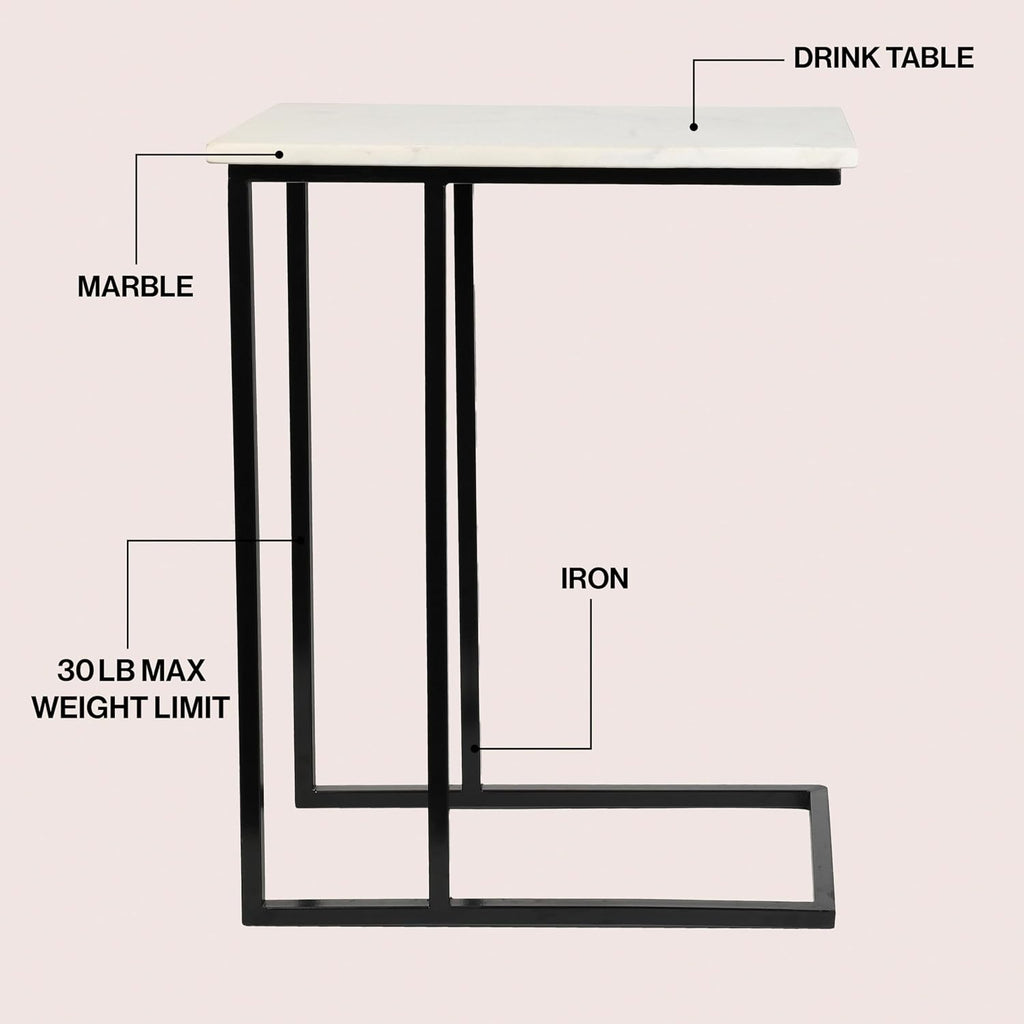 Eyely DNE4005A Mae 24.25" Designer Metal C-Shaped End Table and Side Couch Table w/White Marble Top for Living Room, Bedroom, Black