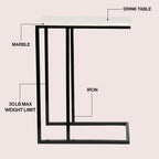 Eyely DNE4005A Mae 24.25" Designer Metal C-Shaped End Table and Side Couch Table w/White Marble Top for Living Room, Bedroom, Black