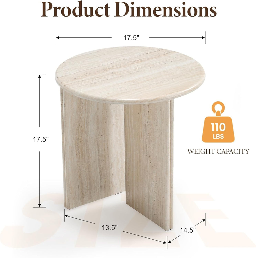 HNY Small Round Side Table Marble Veneer Wood Bedside Table 18" Modern End Table Faux Travertine Finish Accent Table for Living Room, Bedroom, Sofa Side, Reception Room, Luxury Minimalist, Beige