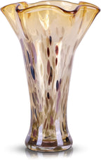 9.0"H Amber Glass Vases for Flowers, Unique Hand Blown Glass Vase Amber Gold Home Decor, Wide Mouth Colorful Flower Vase Centerpieces, For Living Room Table Bookshelf, Bathroom Office Shelf Decorative